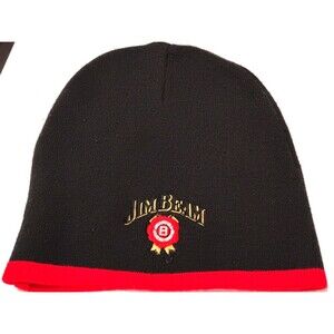 Jim Beam Knit Beanie Hat Black Red Trim KC Caps Mens Outdoor Winter Stretch Fit